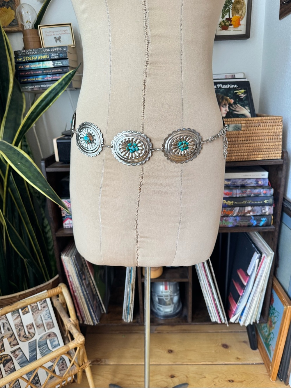 Western Silver-Tone Concha Chain Belt With Turquoise Stones O/S Boho